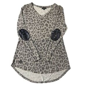 Simply Southern Leopard Print Long Sleeve Shirt M Sequin Elbow‎ Patches Hi Low